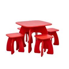 Kids' Table & 4 Chairs Set, Honey, Transilvan, Solid Wood, 60x60x50 cm, Red